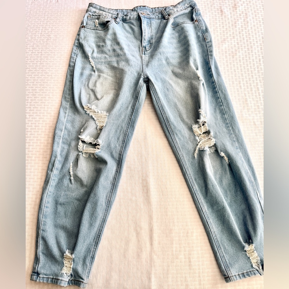 High Waisted Distressed Boyfriend Jeans Light Wash Ripped Denim XL LC78428